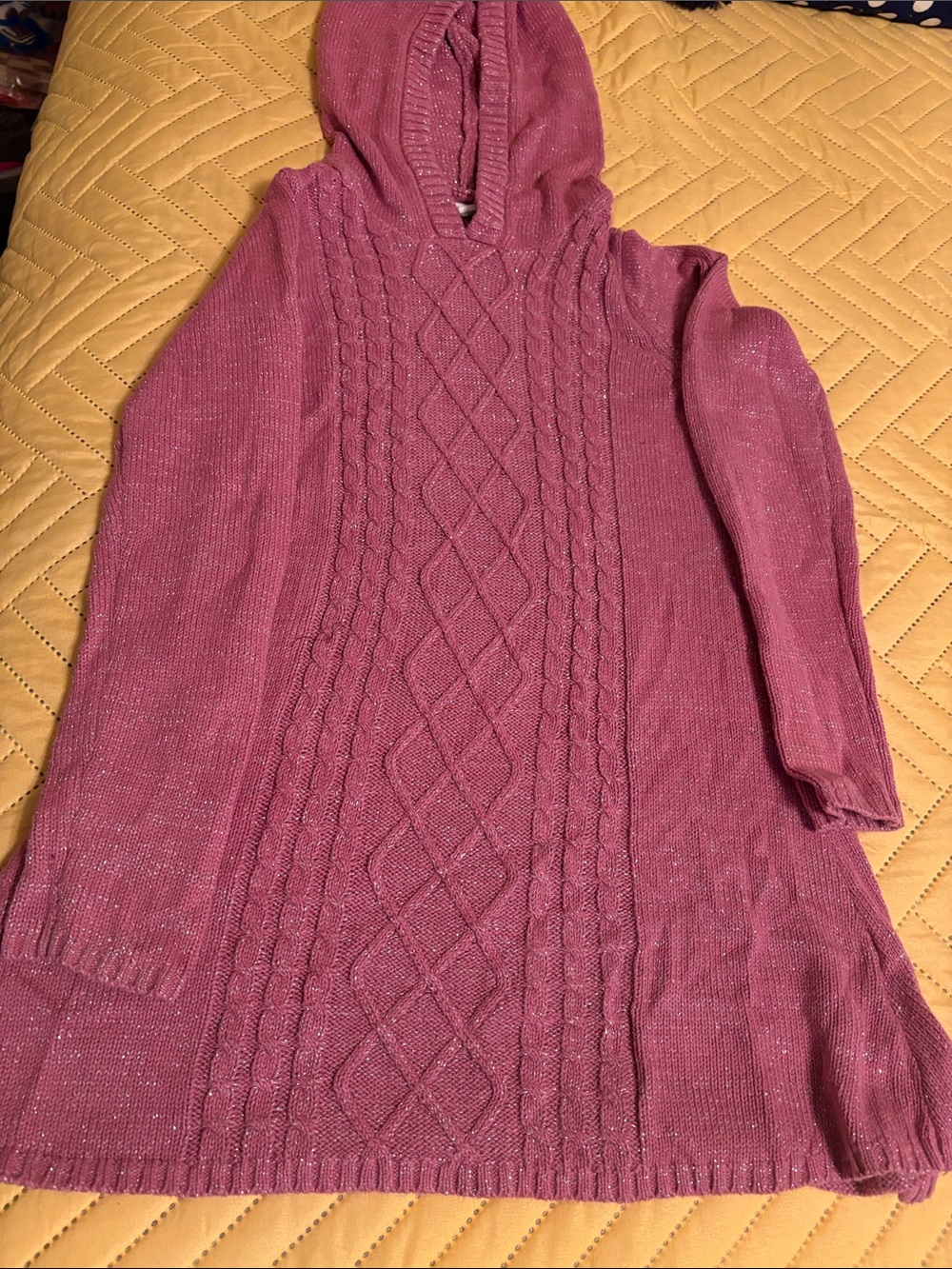 Girls' Sparkle Cable-Knit Hooded Tunic Dress in Mauve Pink